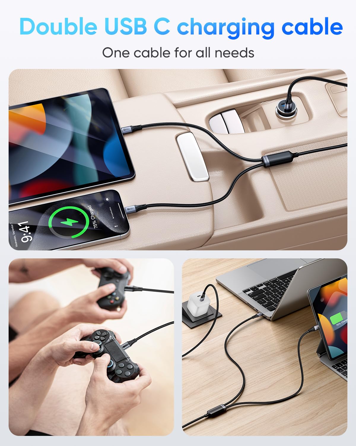 SUNGUY 2-in-1 USB Cables USB-C Fast Charging Cable, 60W Max, 2m, Grey, for NEW