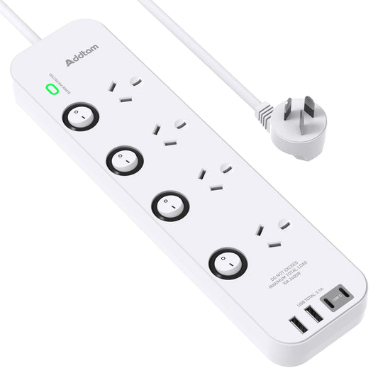 Addtam Power Strip with 4 AC Outlets and 2 USB Ports Surge Protector White DEMO
