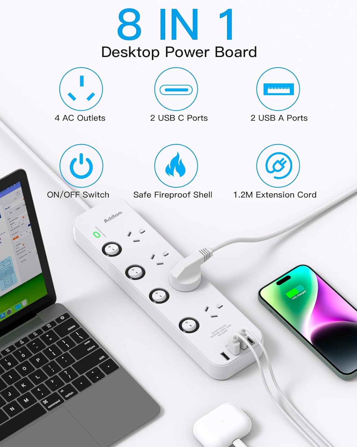 Addtam Power Strip with 4 AC Outlets and 2 USB Ports Surge Protector White DEMO