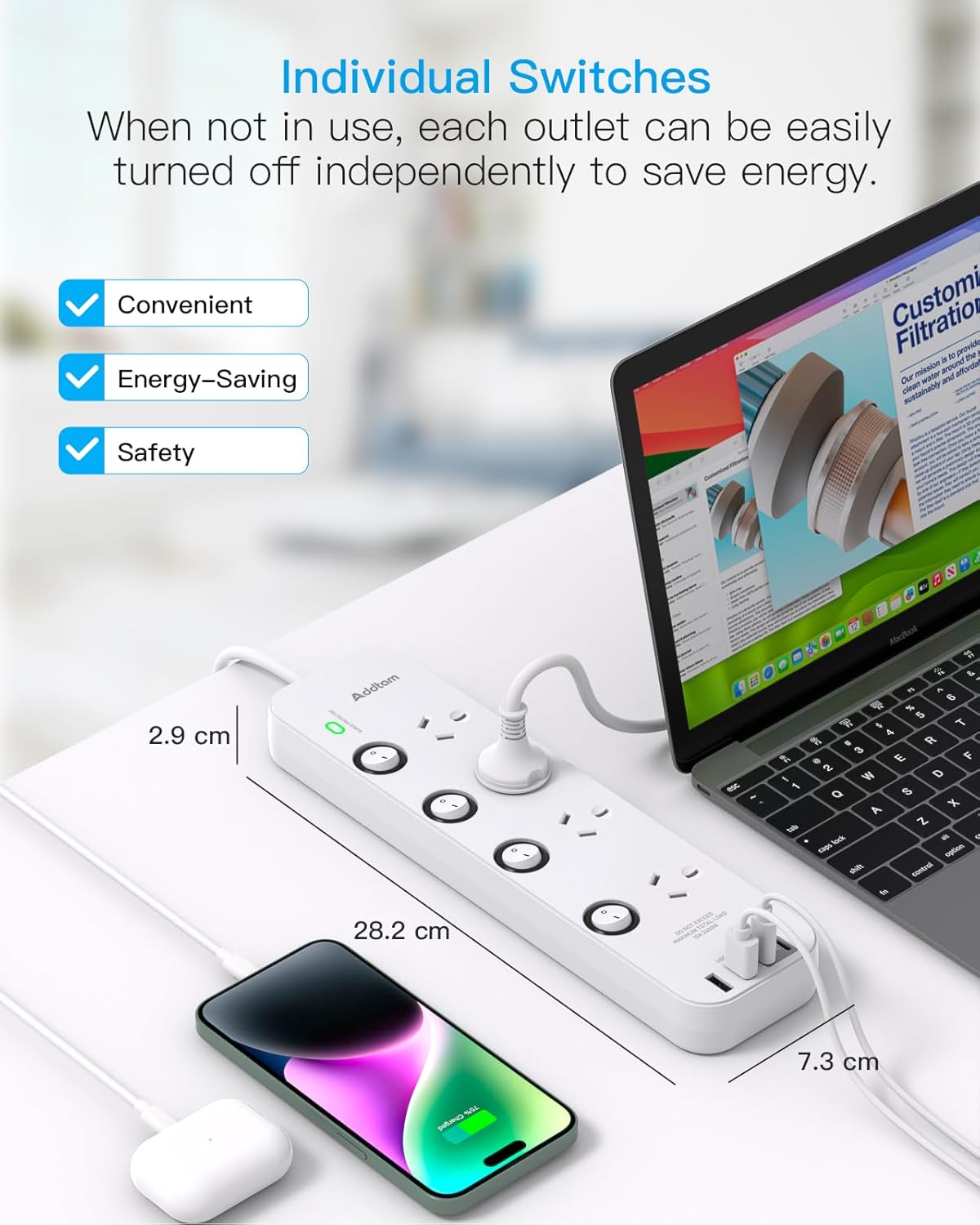 Addtam Power Strip with 4 AC Outlets and 2 USB Ports Surge Protector White DEMO