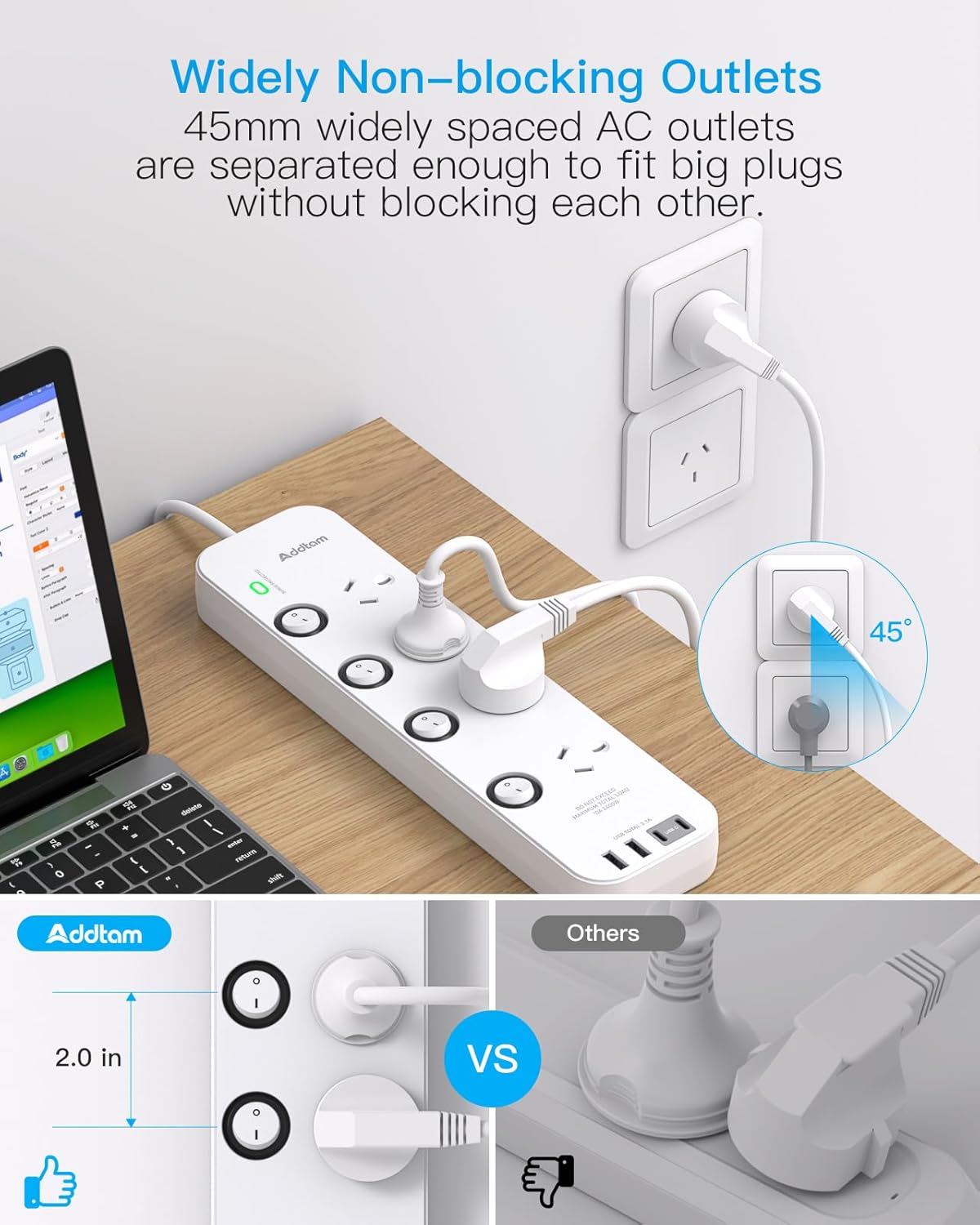 Addtam Power Strip with 4 AC Outlets and 2 USB Ports Surge Protector White DEMO