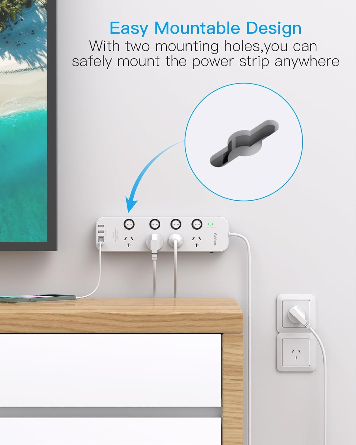 Addtam Power Strip with 4 AC Outlets and 2 USB Ports Surge Protector White DEMO