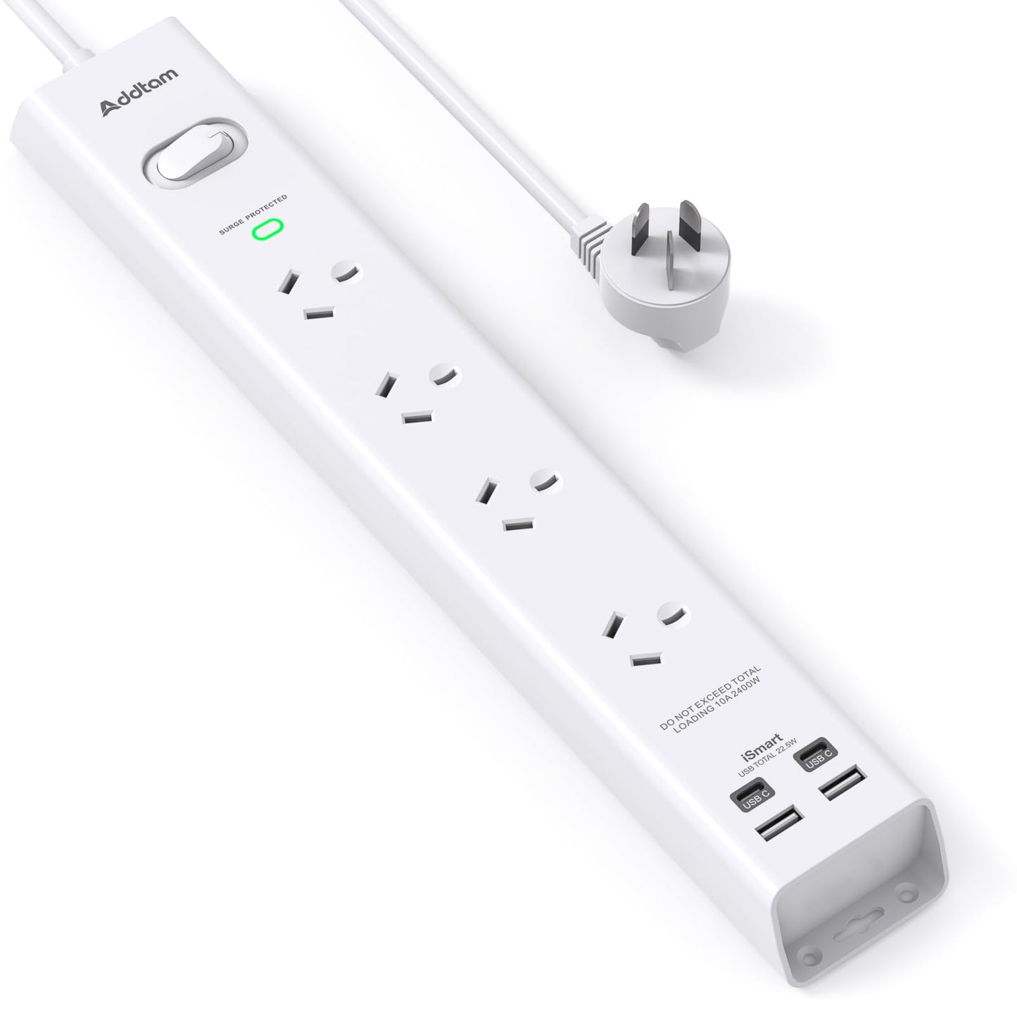 Addtam 4-Outlet Power Strip with Dual USB-C and USB Charging Ports, White DEMO