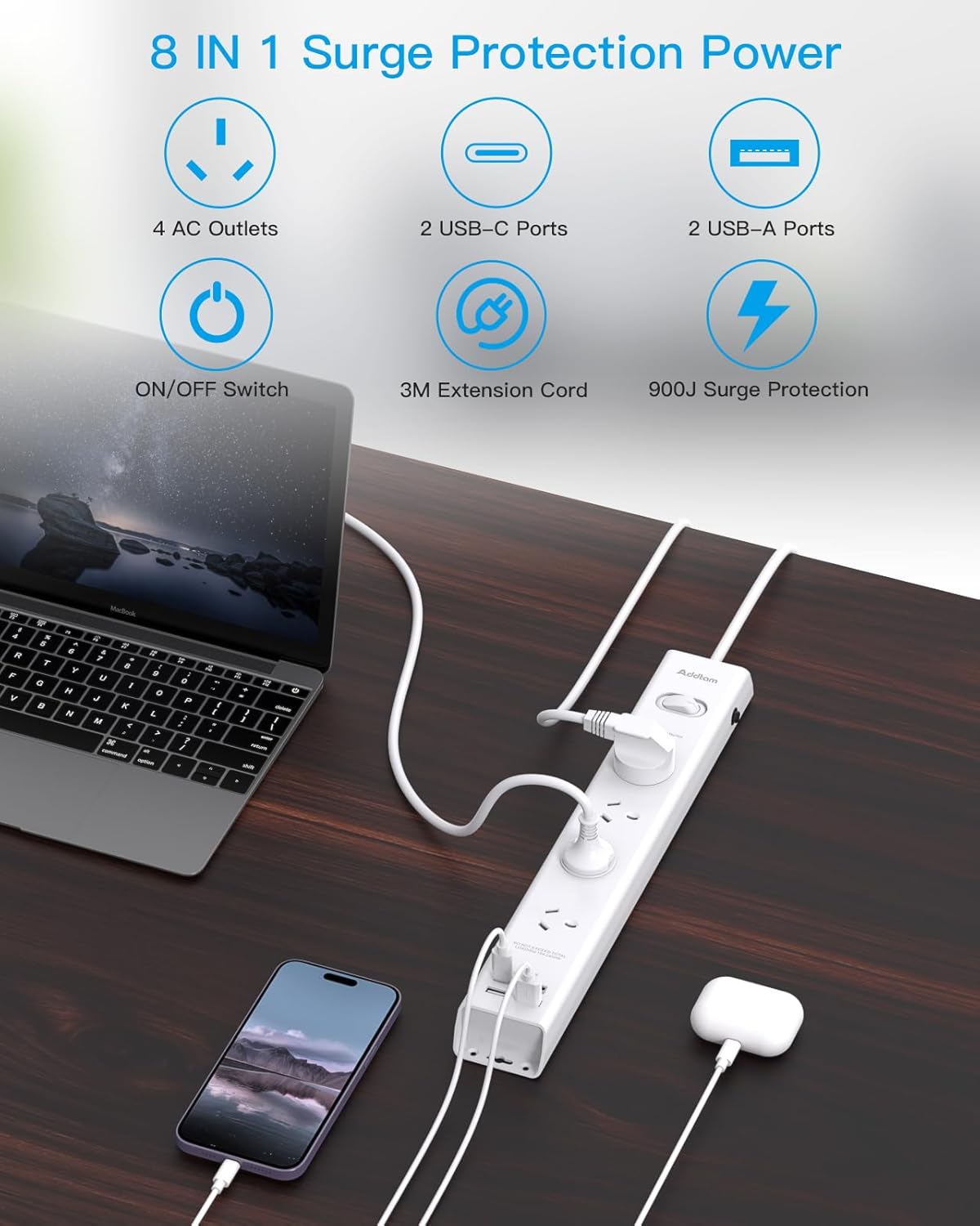 Addtam 4-Outlet Power Strip with Dual USB-C and USB Charging Ports, White DEMO