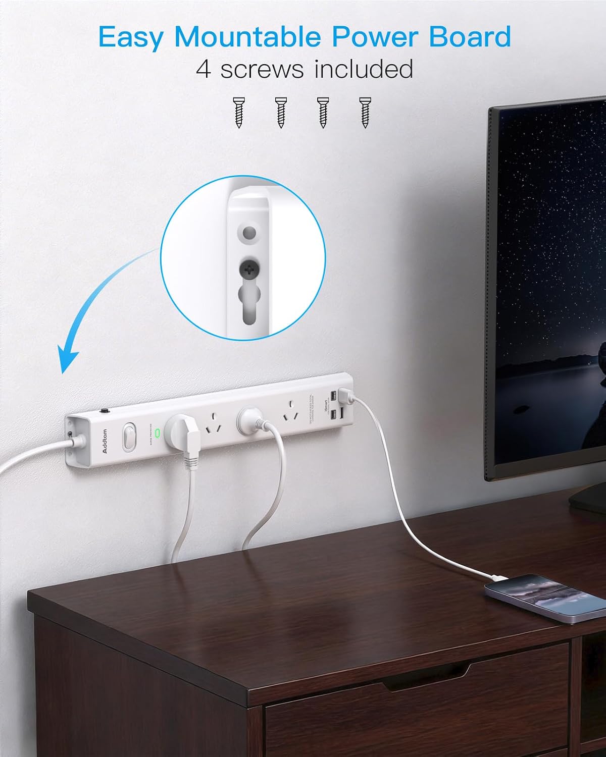 Addtam 4-Outlet Power Strip with Dual USB-C and USB Charging Ports, White DEMO
