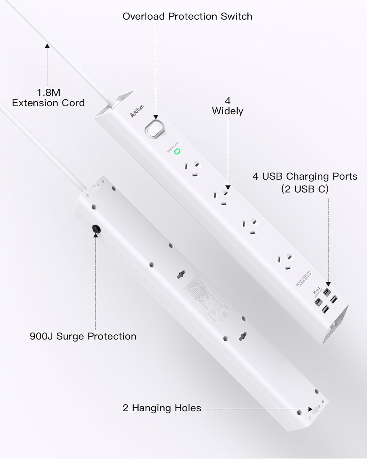 Addtam 4-Outlet Power Strip with Dual USB-C and USB Charging Ports, White DEMO