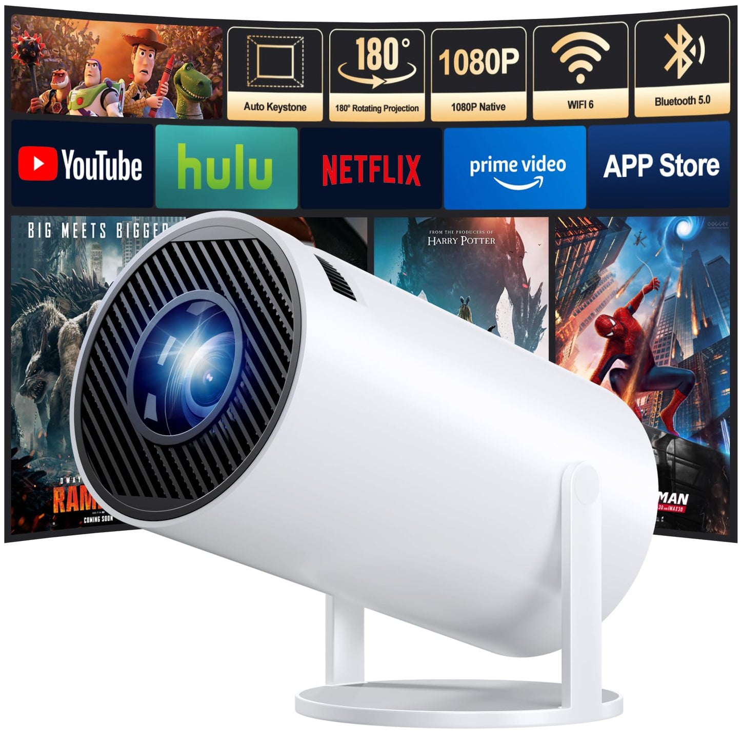 1080P Mini Projectors Portable White Projector with Auto Keystone Correction