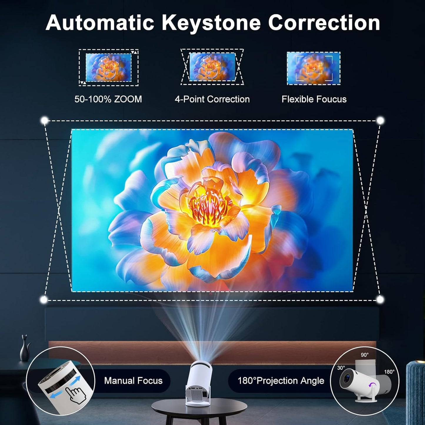 1080P Mini Projectors Portable White Projector with Auto Keystone Correction