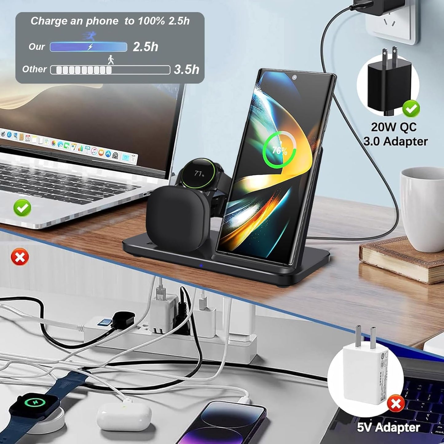 3-in-1 Wireless Charging Station Stand for Samsung Galaxy Phones Black NEW