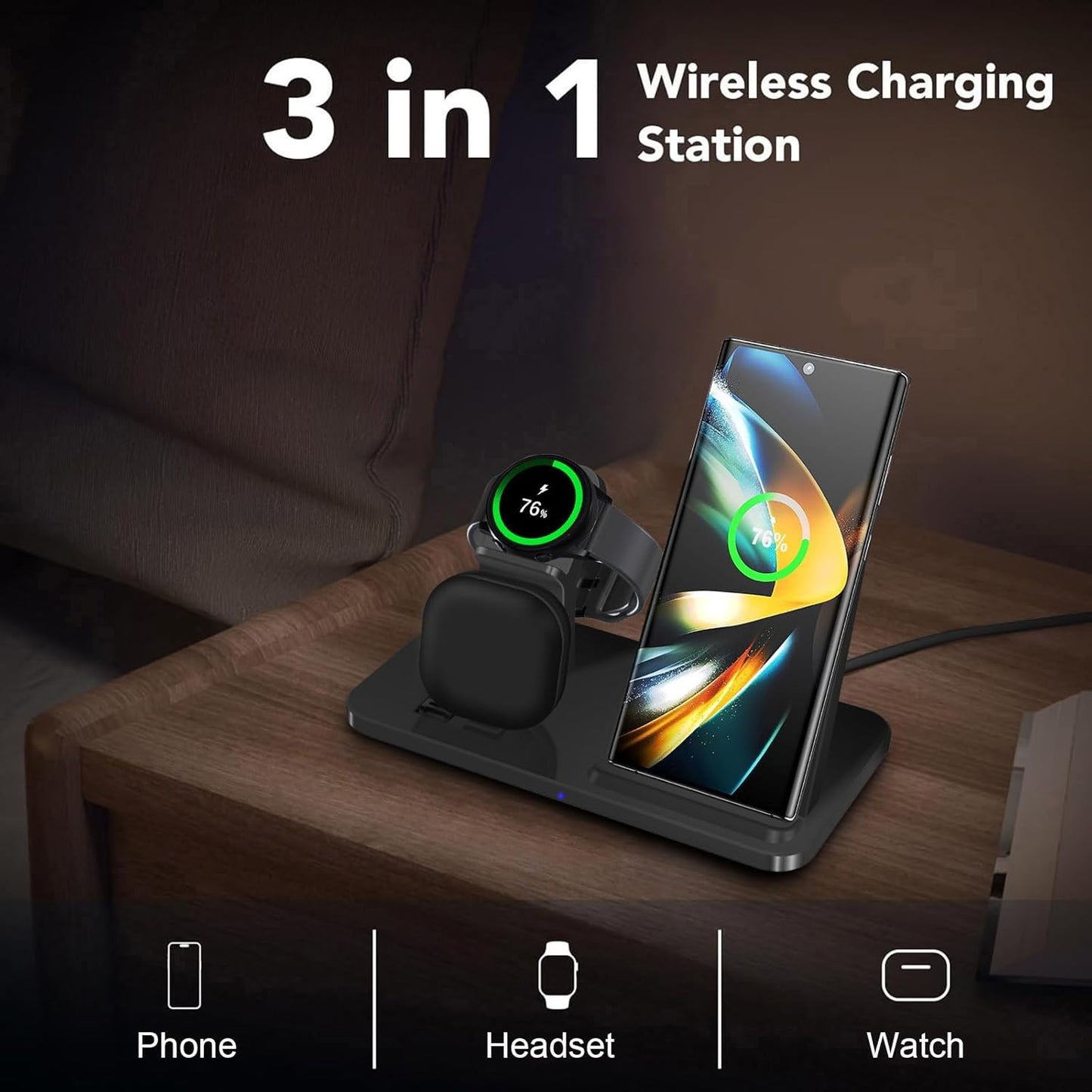 3-in-1 Wireless Charging Station Stand for Samsung Galaxy Phones Black NEW