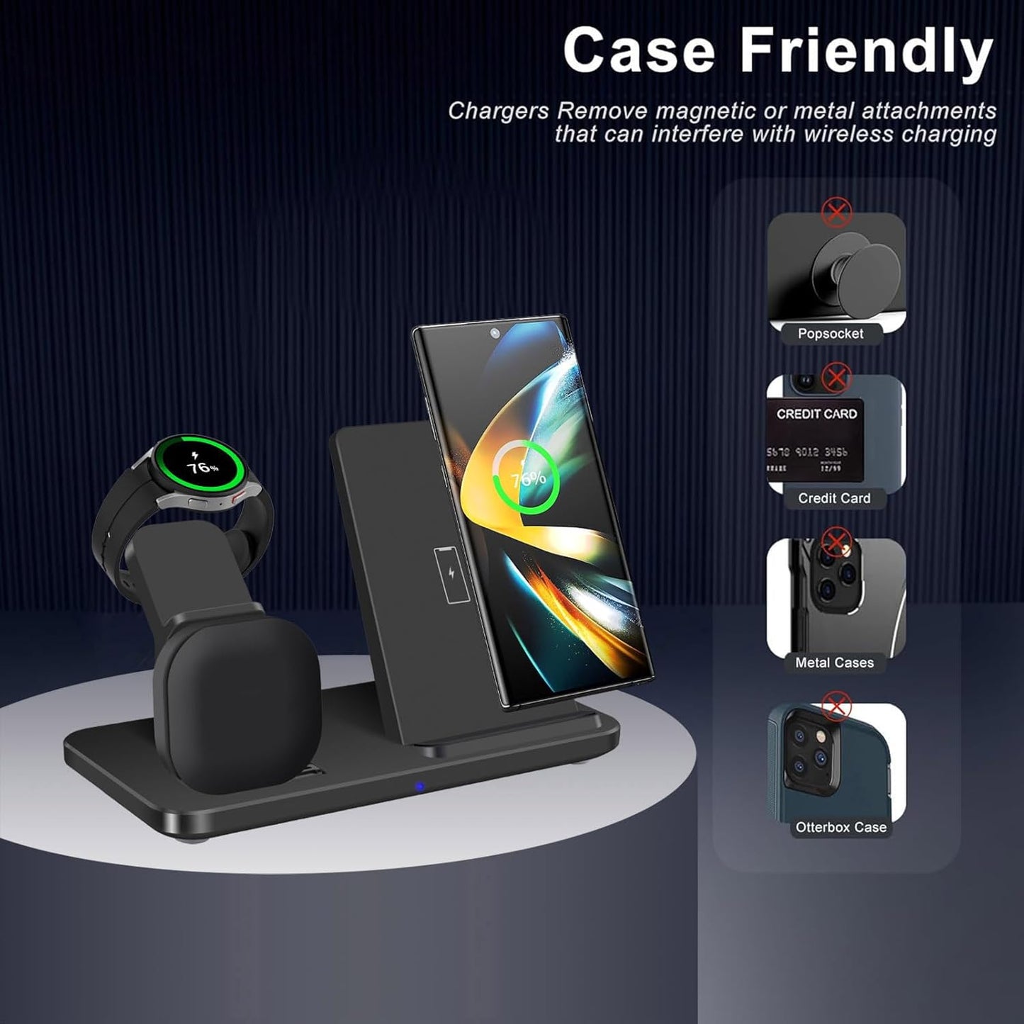 3-in-1 Wireless Charging Station Stand for Samsung Galaxy Phones Black NEW