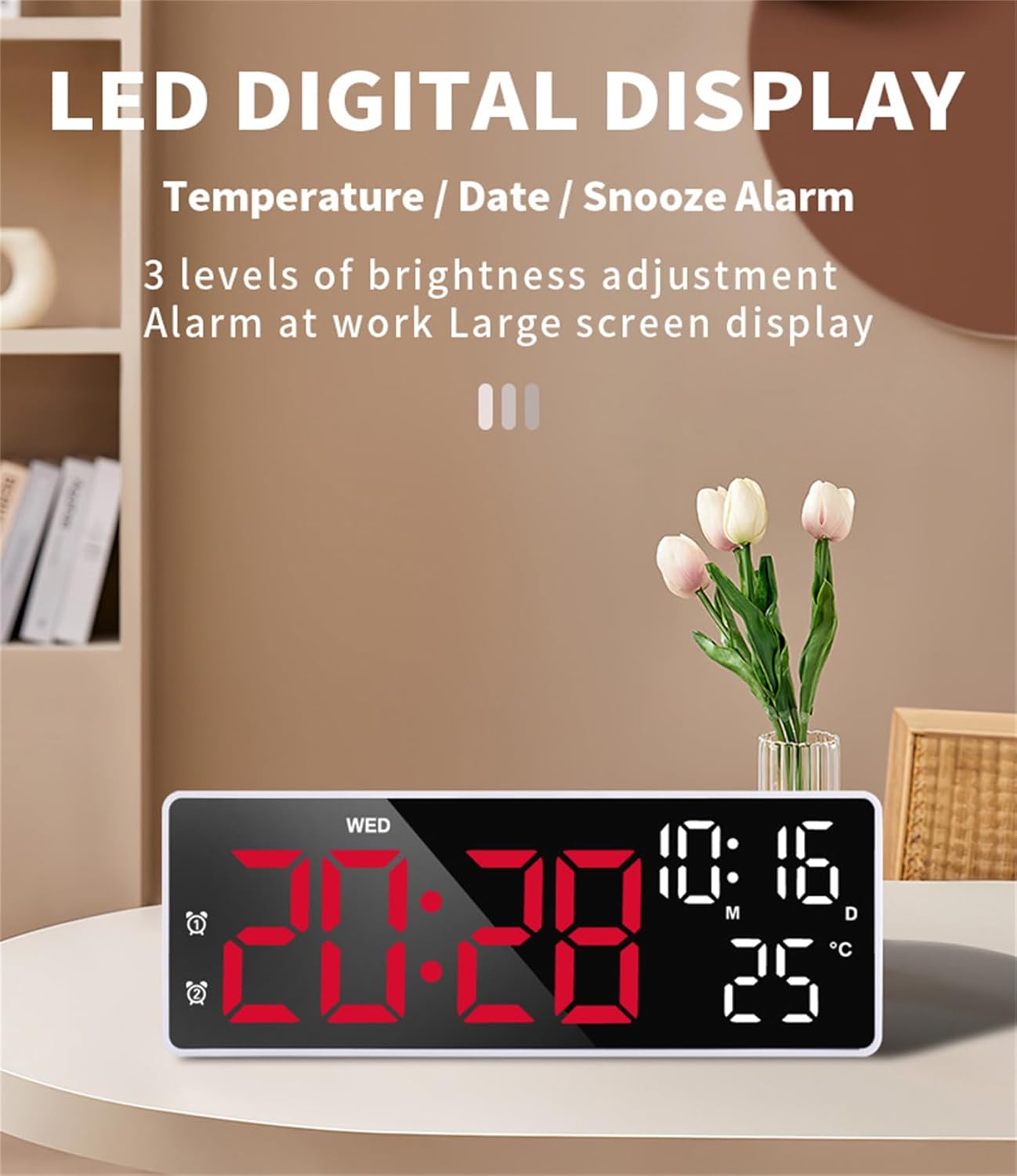 White & Red Light Dual Alarm Clock Bedside Nightstand Lamp for Bedroom NEW