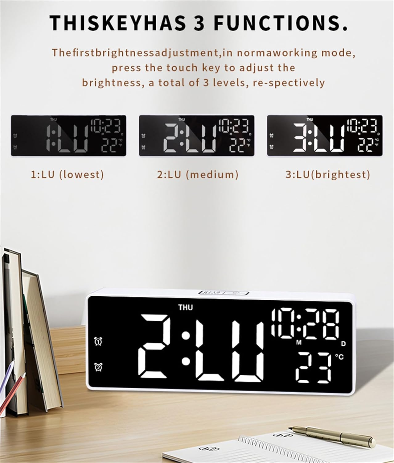 White & Red Light Dual Alarm Clock Bedside Nightstand Lamp for Bedroom NEW