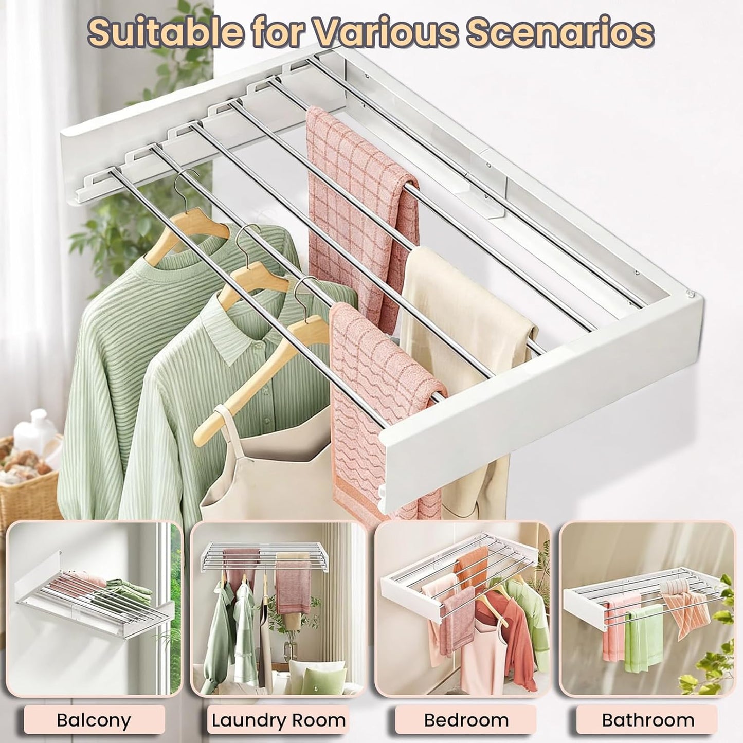Wall-Mounted Folding Clothes Drying Rack Acrylonitrile Butadiene Styrene NEW