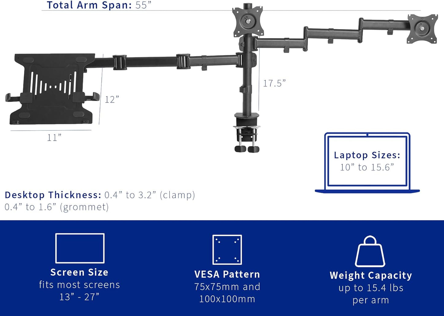 VIVO Dual Monitor + Laptop Mount for 13-27 Inch Screens - Black Arm Stand DEMO