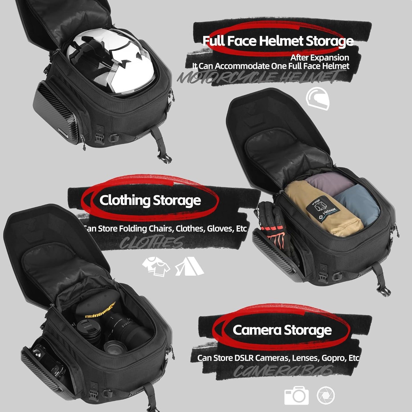 Rhinowalk Expandable Motorcycle Helmet Bag Travel Luggage Carbon Black DEMO
