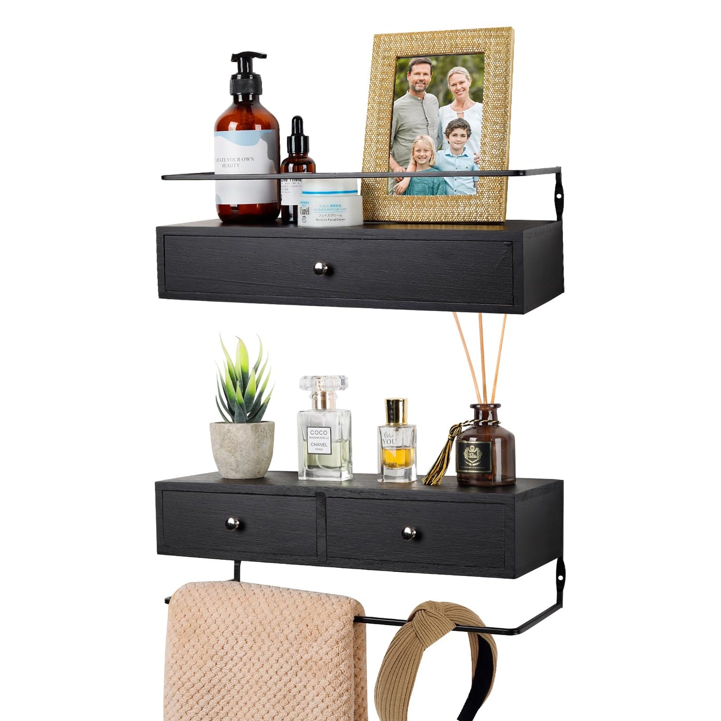 Rustic Floating Wall Shelves 36x14x21cm Black Wood Storage Organizer for DEMO