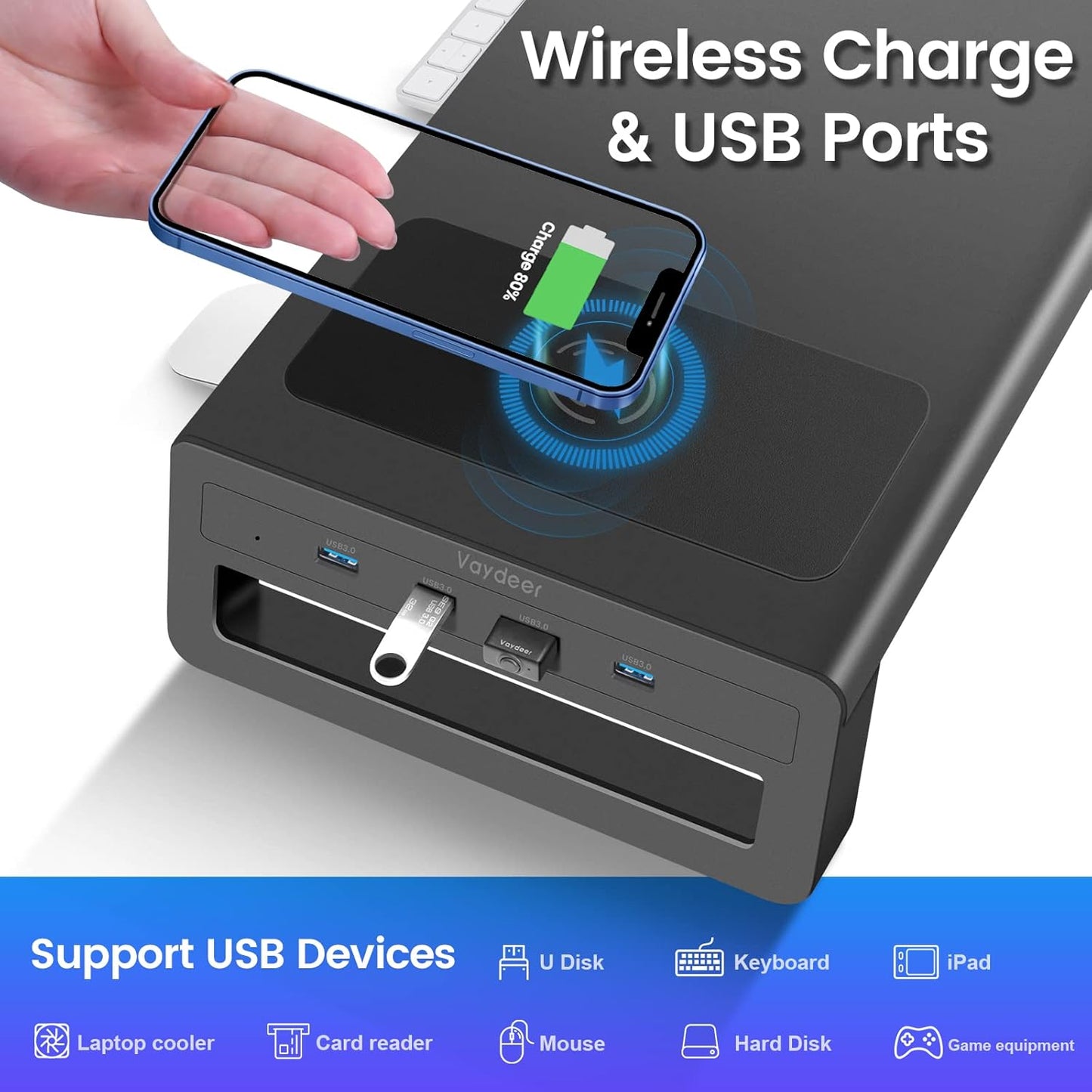 Dual Monitor Stand with Wireless Charger and 4 USB Ports Aluminum Black NEW