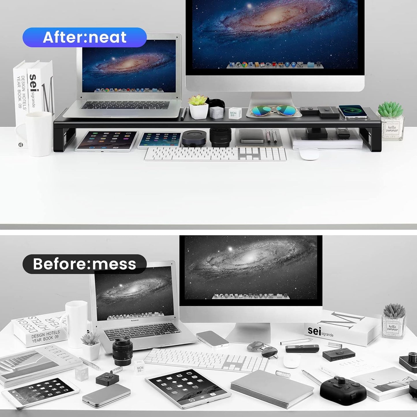 Dual Monitor Stand with Wireless Charger and 4 USB Ports Aluminum Black NEW
