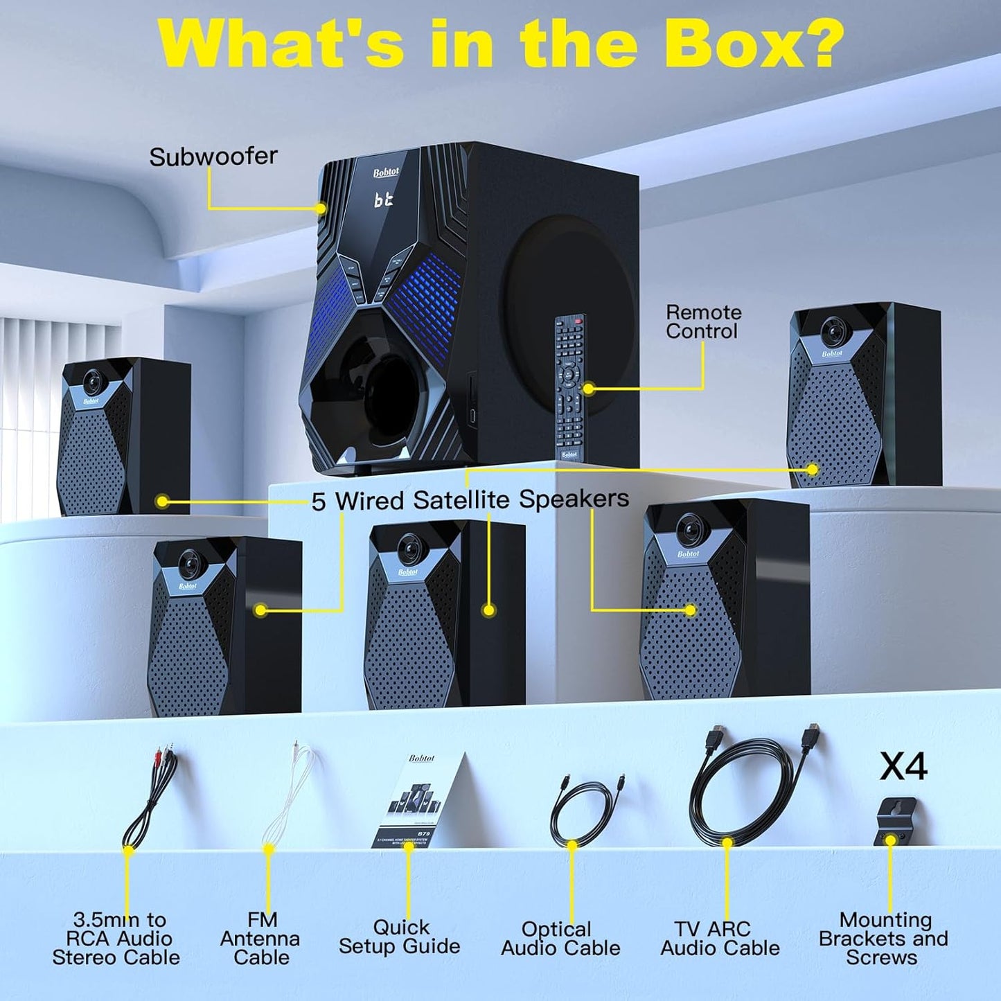 Bobtot 1000W Peak Power Surround Sound Speaker System for Home Theater & DEMO