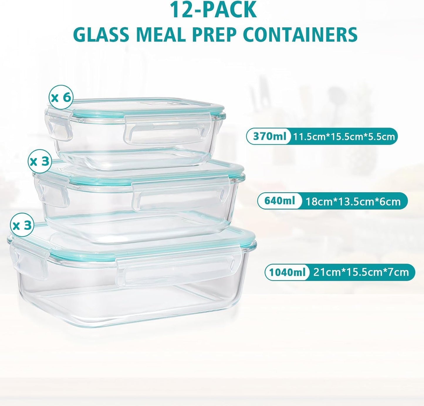 Feshory 12-Piece Airtight Glass Food Storage Container Set NEW