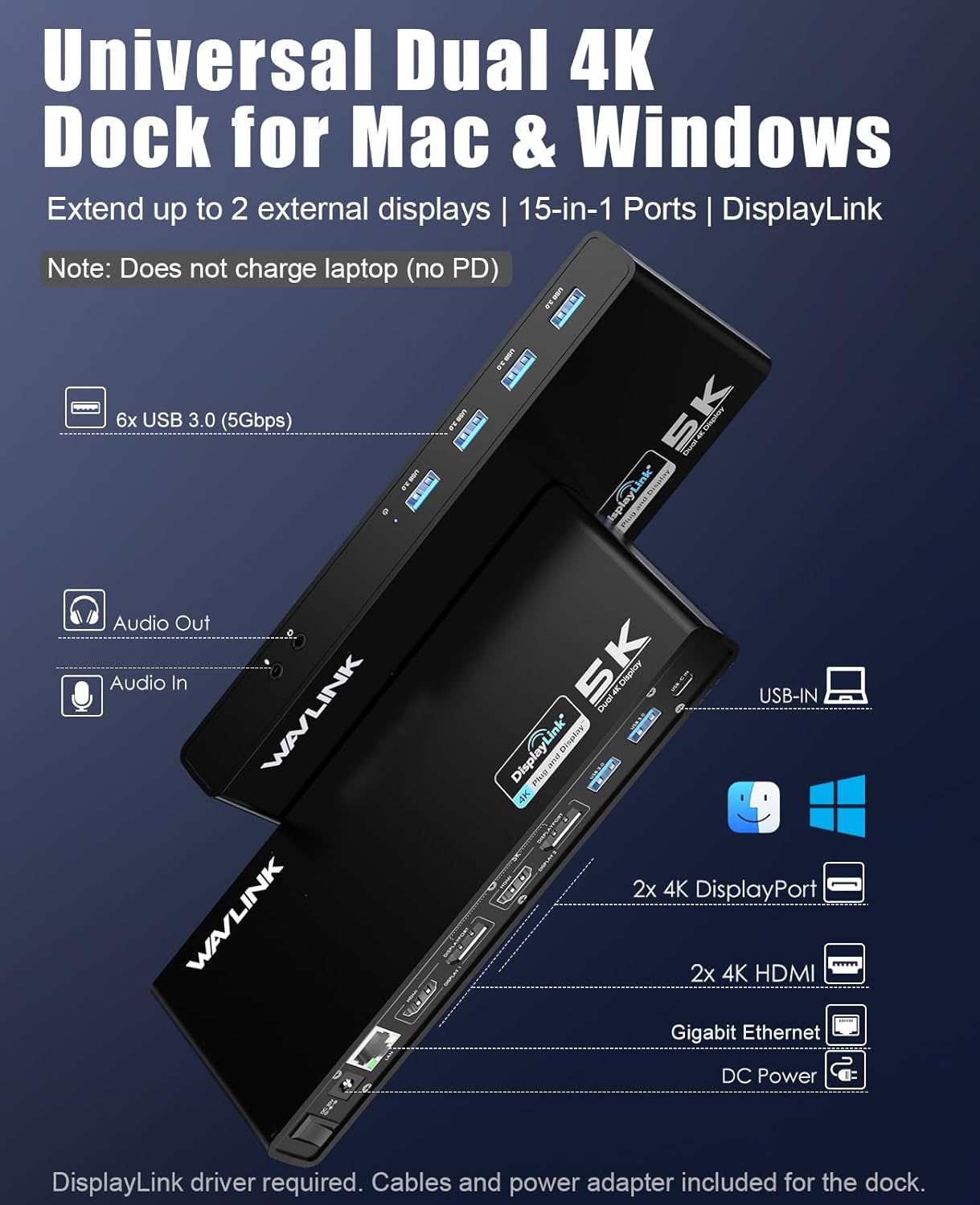 WAVLINK USB 3.0 Dual 4K 60Hz Docking Station with Video Output, Black DEMO