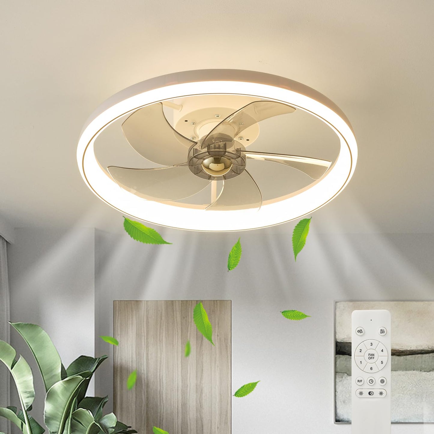 Low Profile White Ceiling Fan with Reversible Remote Control and Smart DEMO