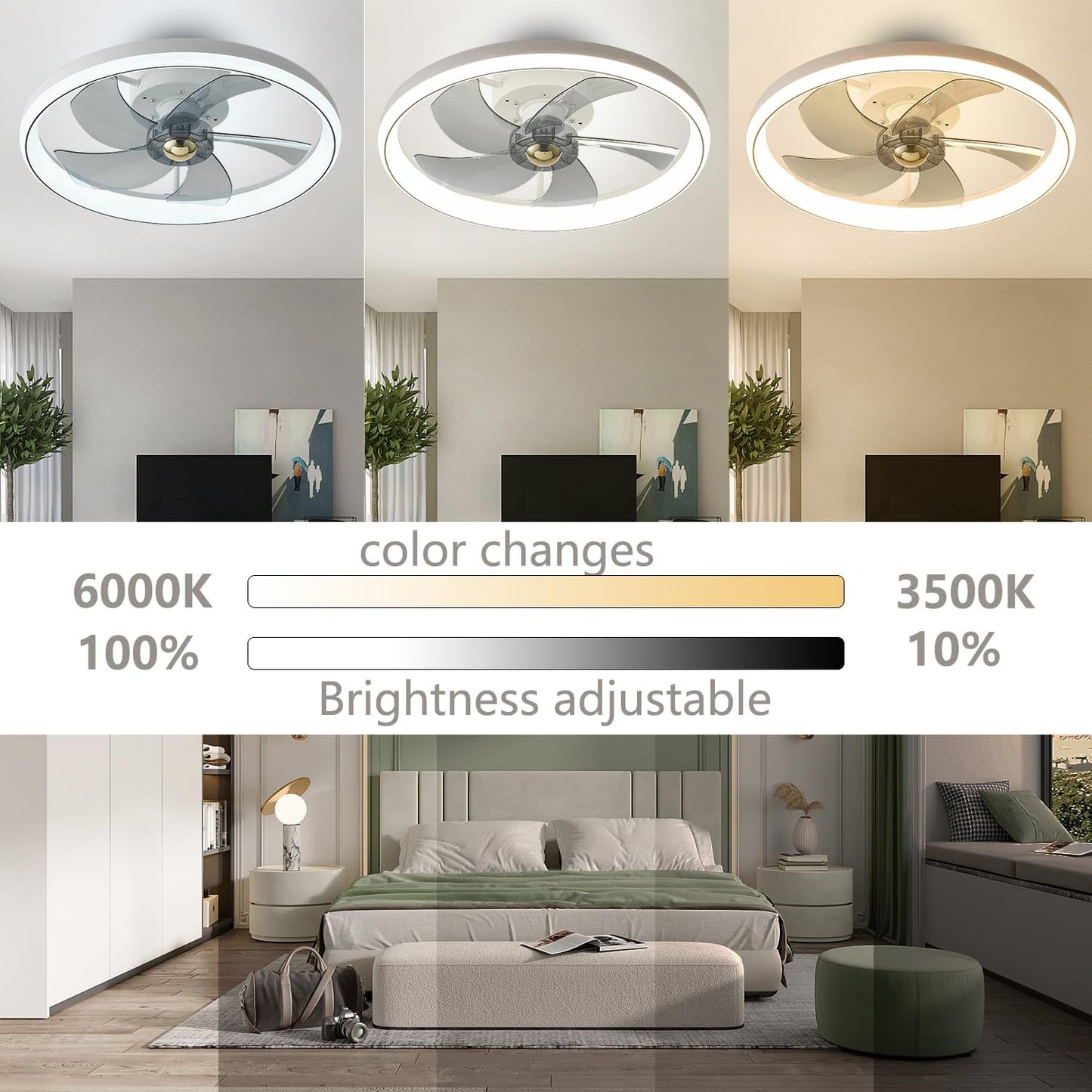 Low Profile White Ceiling Fan with Reversible Remote Control and Smart DEMO