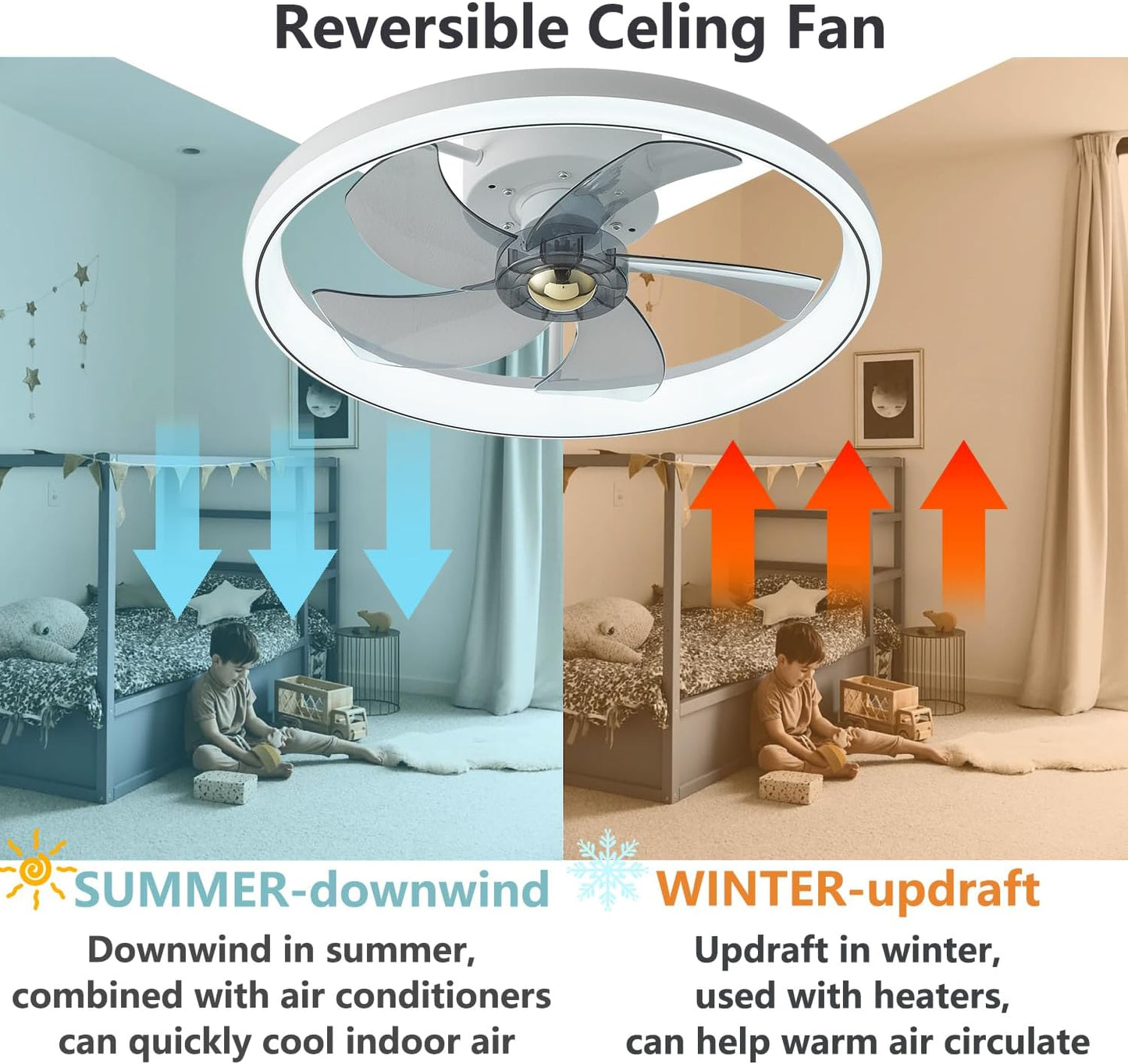 Low Profile White Ceiling Fan with Reversible Remote Control and Smart DEMO