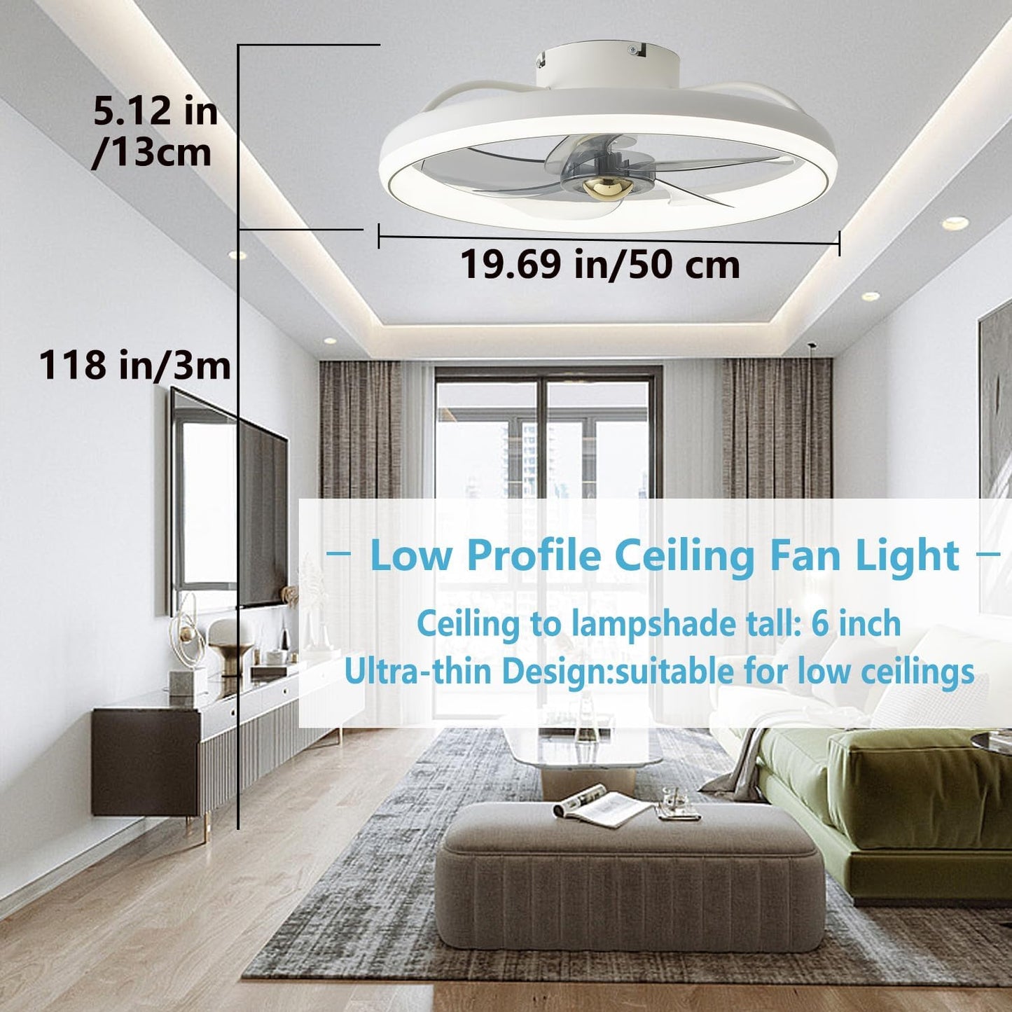 Low Profile White Ceiling Fan with Reversible Remote Control and Smart DEMO