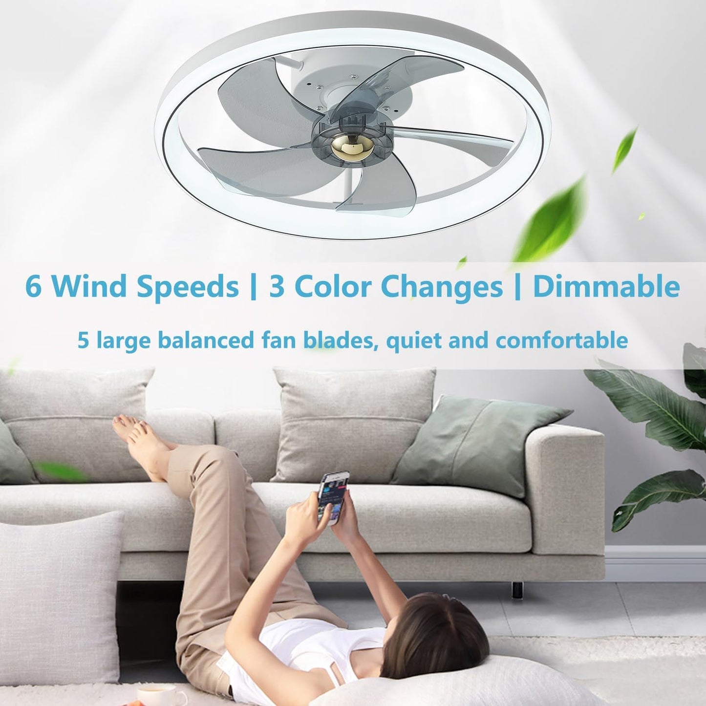 Low Profile White Ceiling Fan with Reversible Remote Control and Smart DEMO