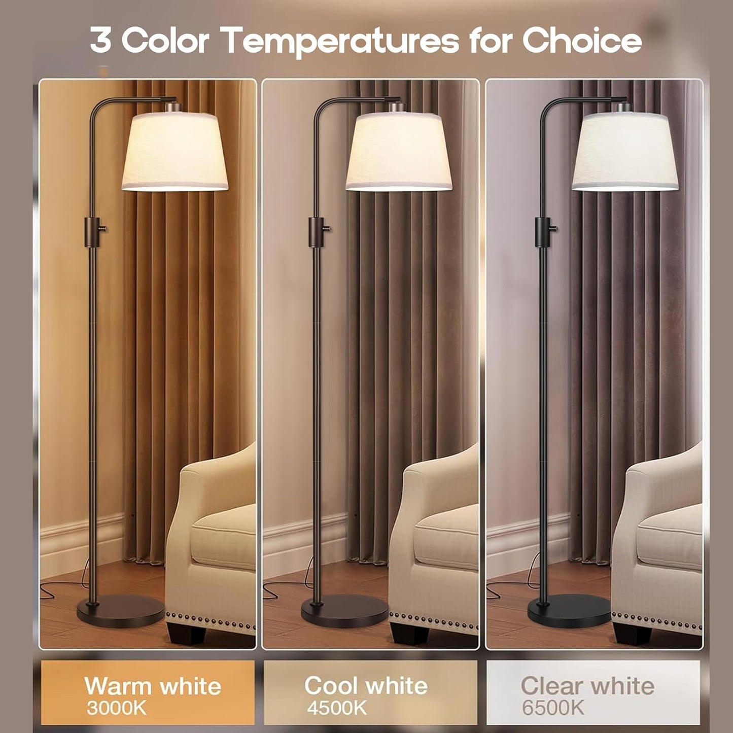Adjustable 3-Color Dimmable LED Arc Floor Lamp - Modern Black Lighting NEW