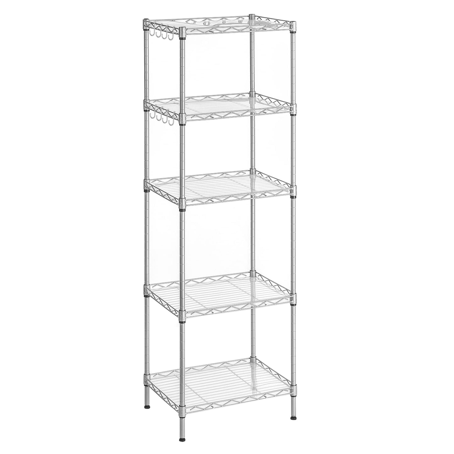 SONGMICS 5-Tier Floor Cabinet Thin Storage Shelf with 8 Hooks Silver NEW