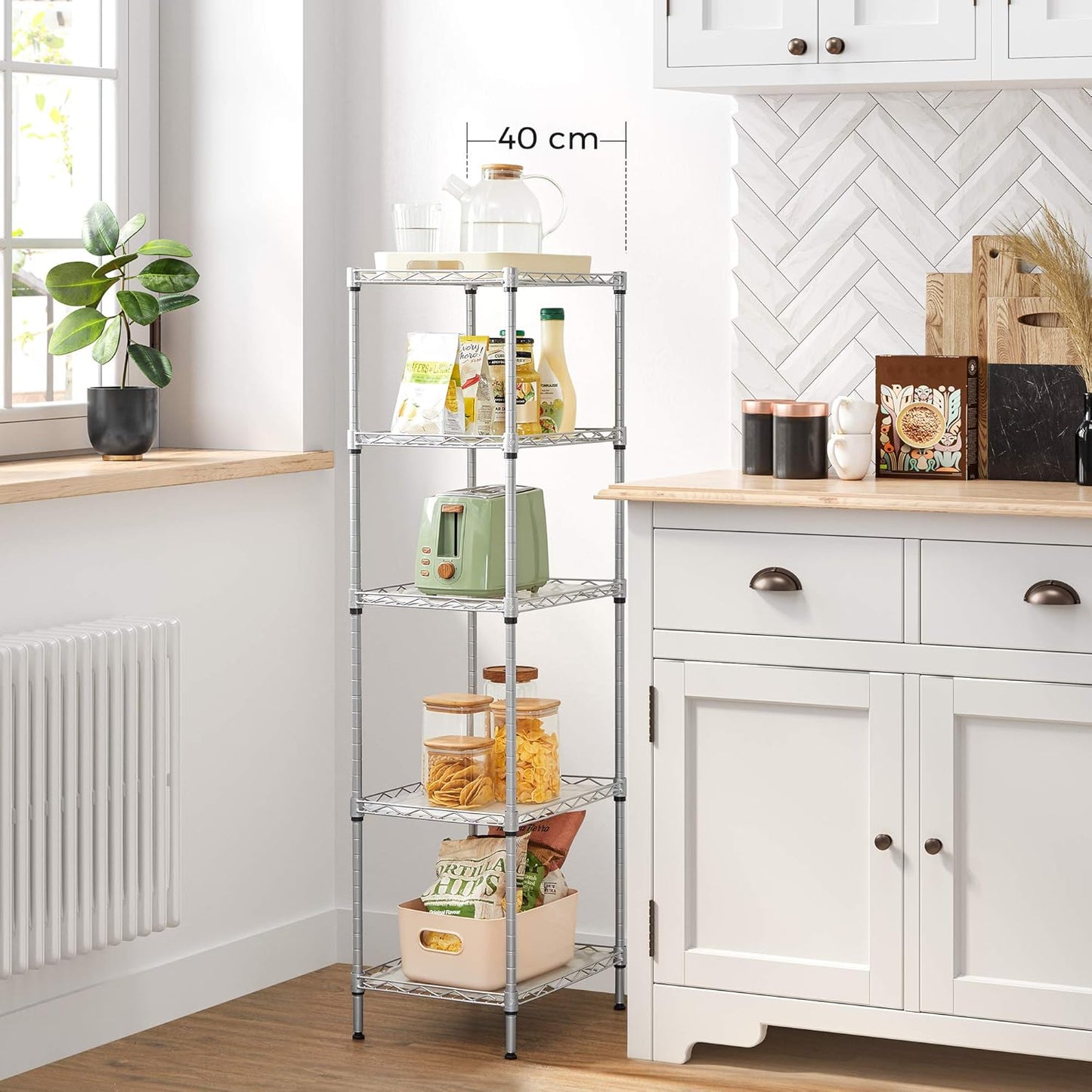 SONGMICS 5-Tier Floor Cabinet Thin Storage Shelf with 8 Hooks Silver NEW