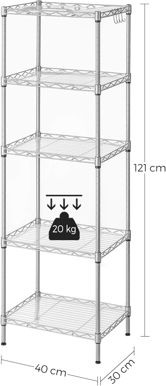 SONGMICS 5-Tier Floor Cabinet Thin Storage Shelf with 8 Hooks Silver NEW