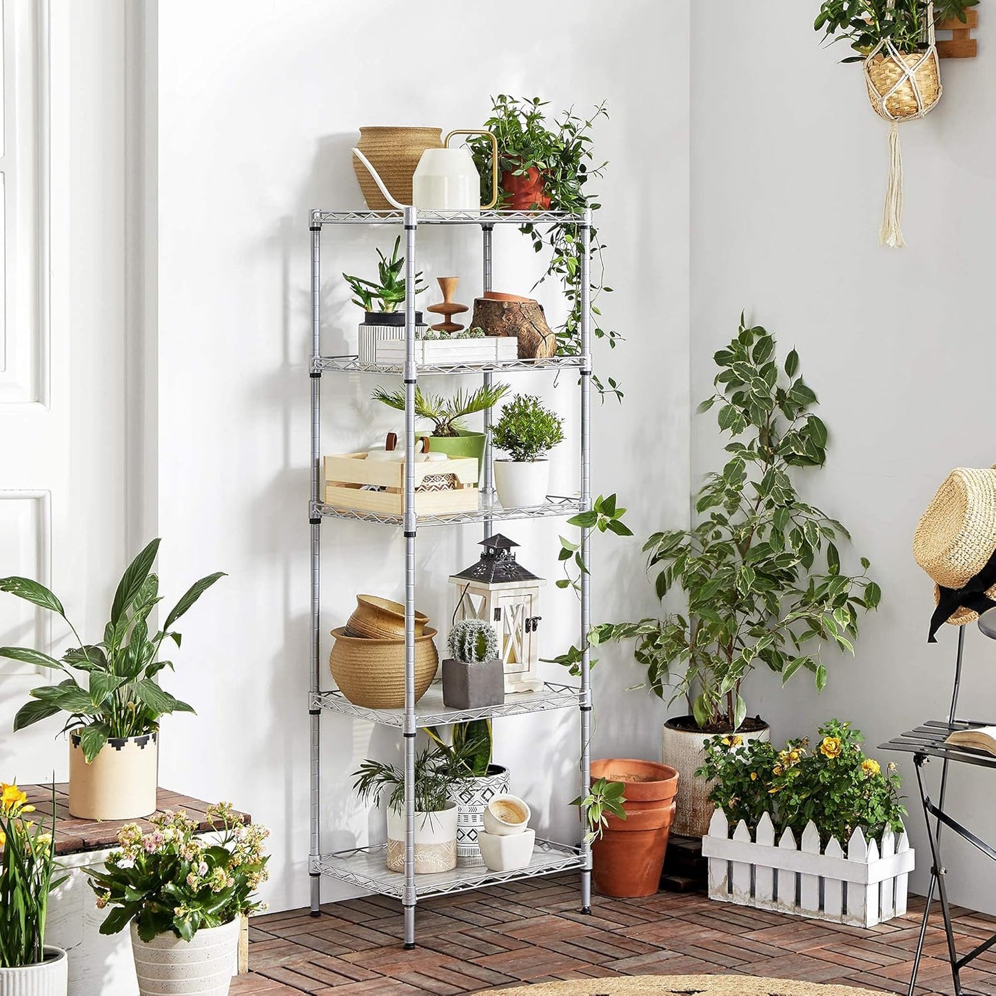 SONGMICS 5-Tier Floor Cabinet Thin Storage Shelf with 8 Hooks Silver NEW
