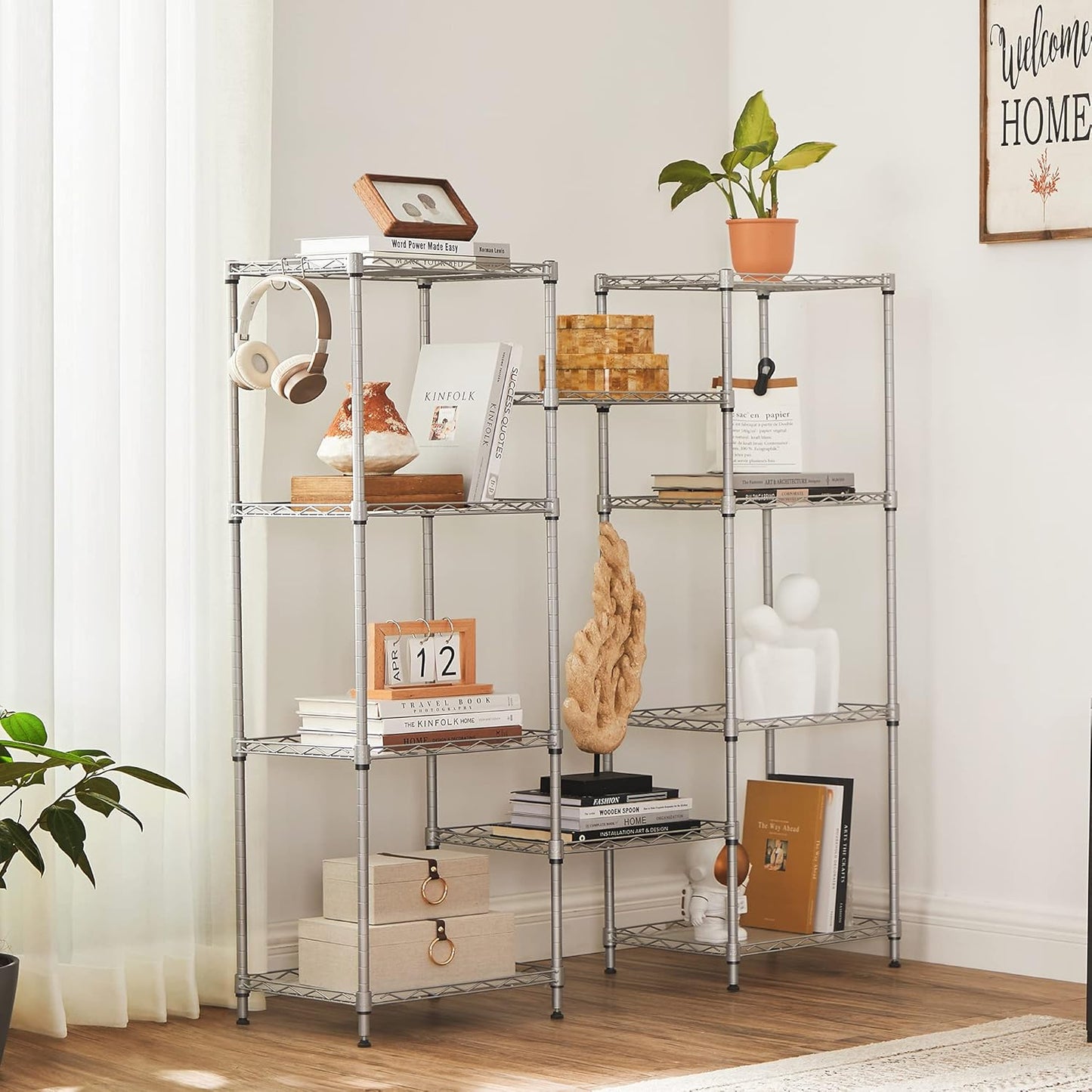 SONGMICS 5-Tier Floor Cabinet Thin Storage Shelf with 8 Hooks Silver NEW
