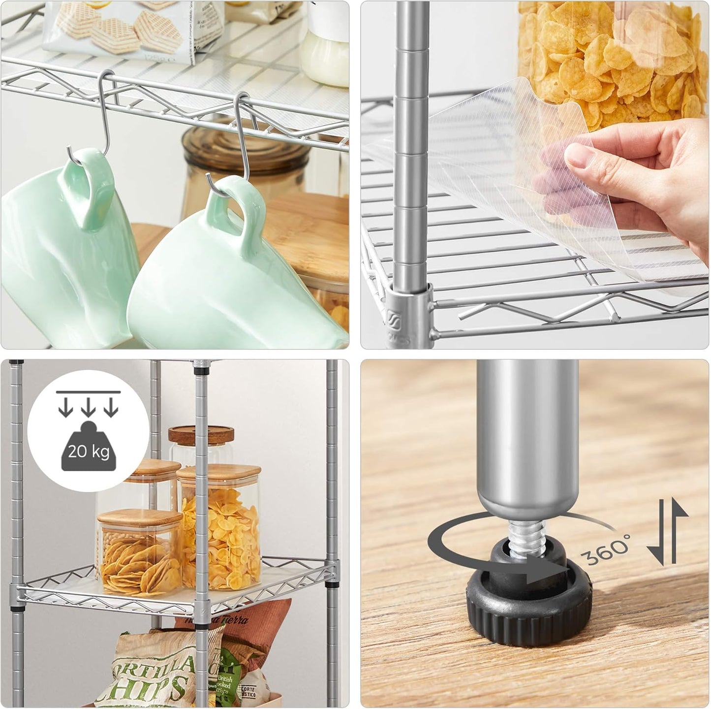 SONGMICS 5-Tier Floor Cabinet Thin Storage Shelf with 8 Hooks Silver NEW