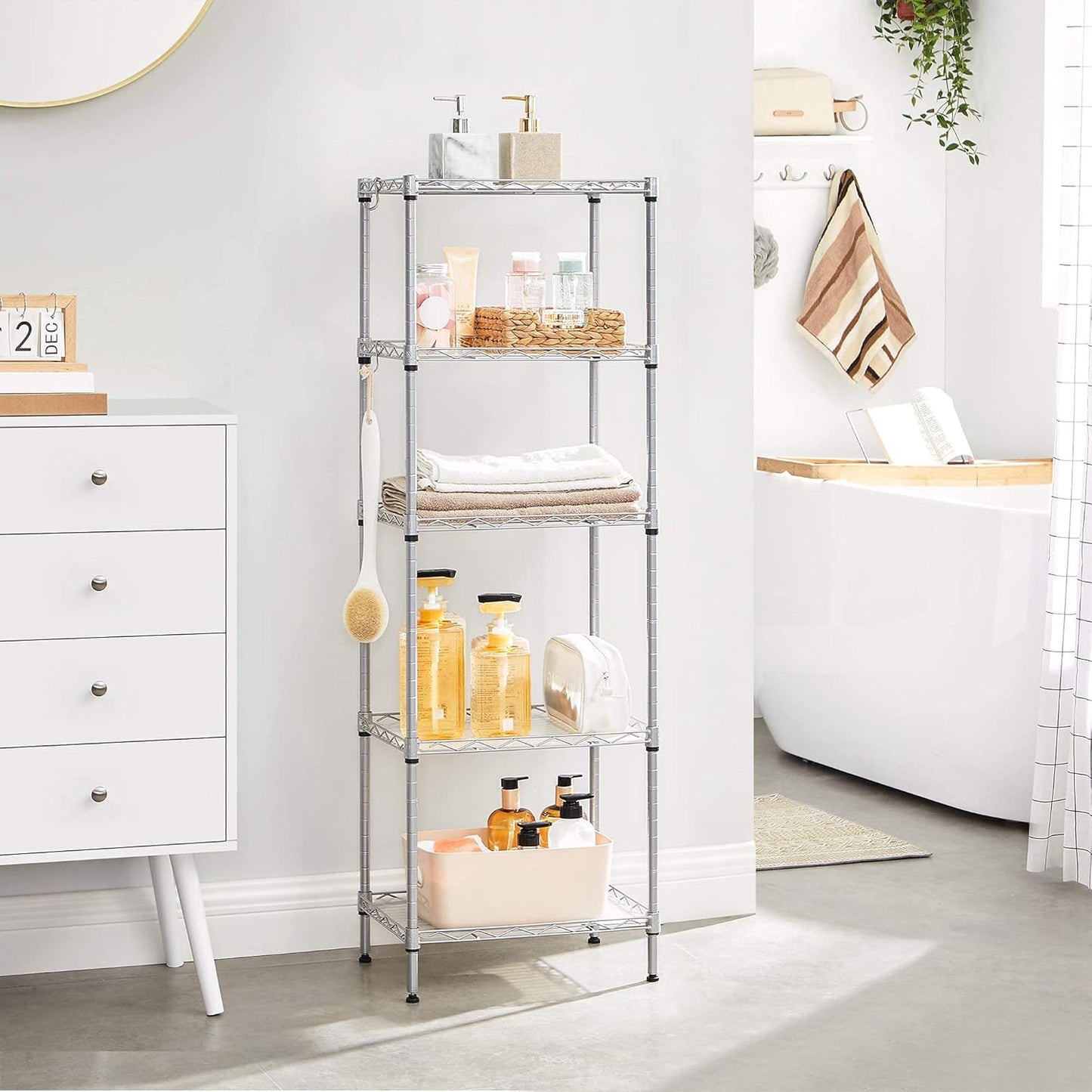SONGMICS 5-Tier Floor Cabinet Thin Storage Shelf with 8 Hooks Silver NEW