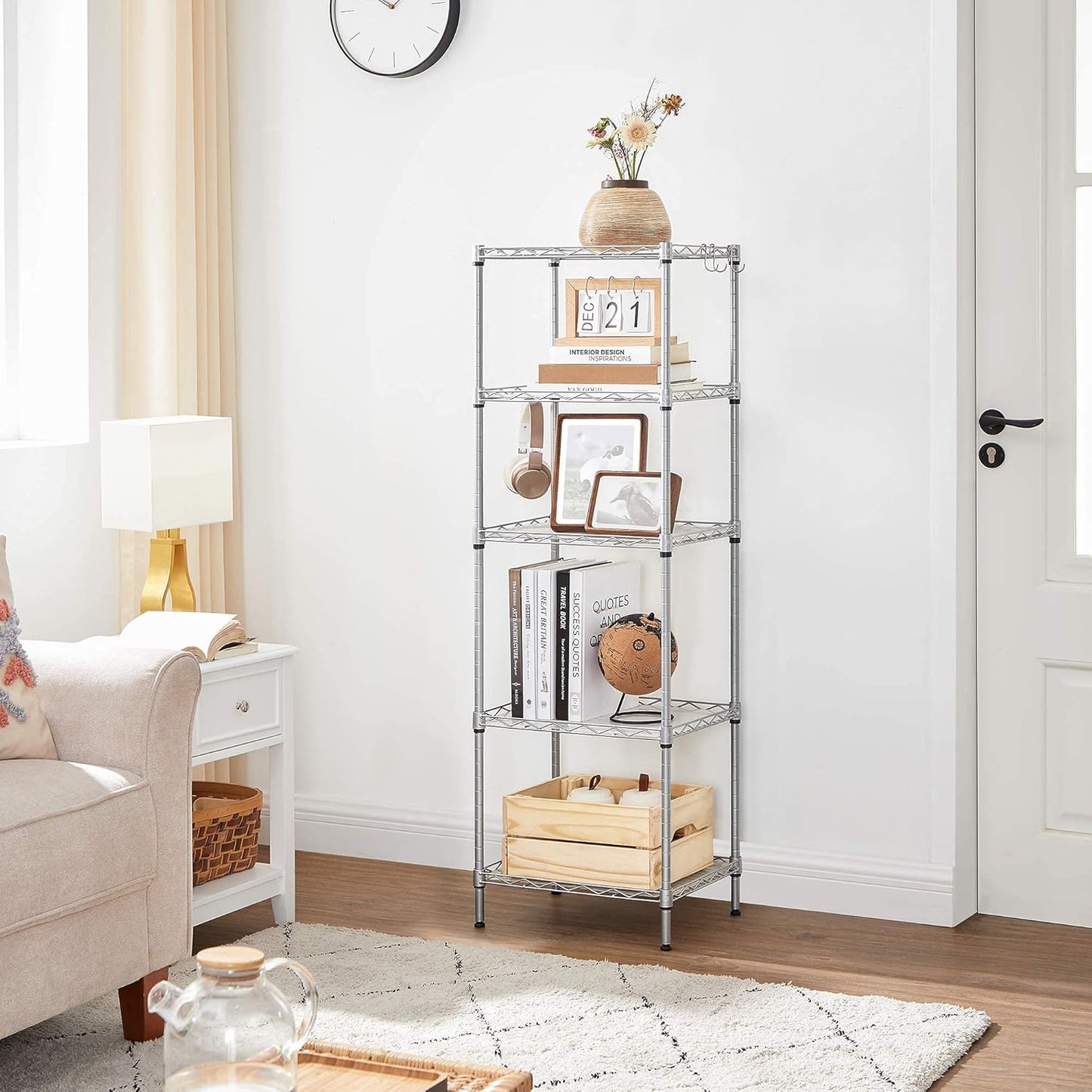 SONGMICS 5-Tier Floor Cabinet Thin Storage Shelf with 8 Hooks Silver NEW