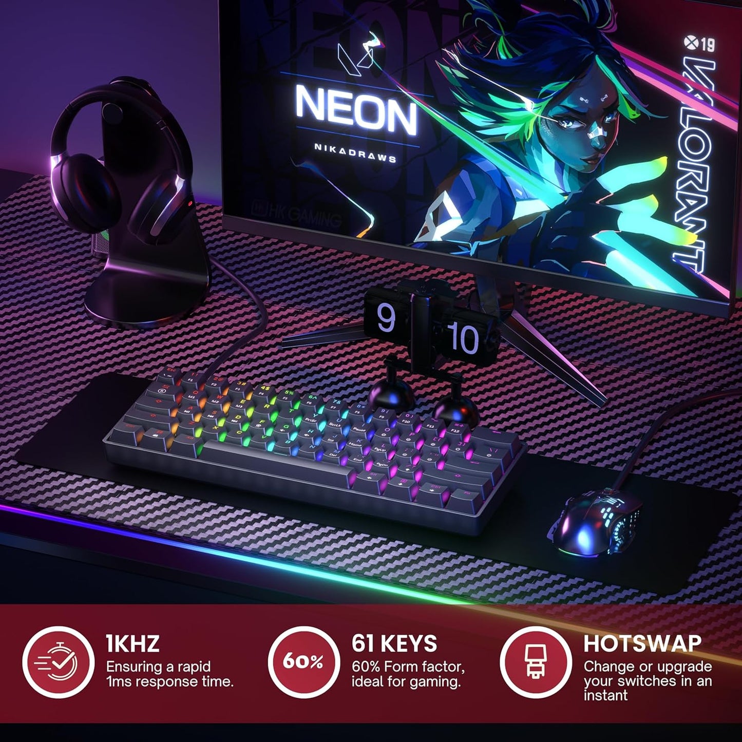 HKGaming 61-Key Keyboards RGB Mechanical Gaming Keyboard with Backlit LED, DEMO