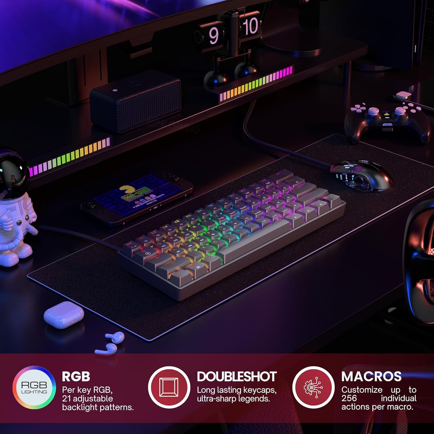 HKGaming 61-Key Keyboards RGB Mechanical Gaming Keyboard with Backlit LED, DEMO