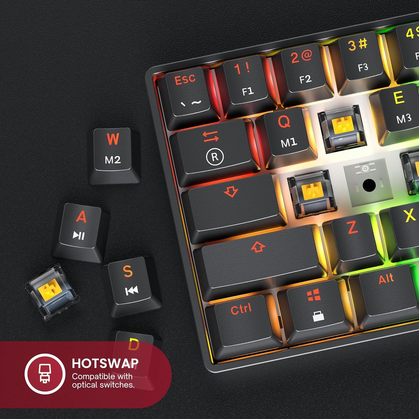 HKGaming 61-Key Keyboards RGB Mechanical Gaming Keyboard with Backlit LED, DEMO
