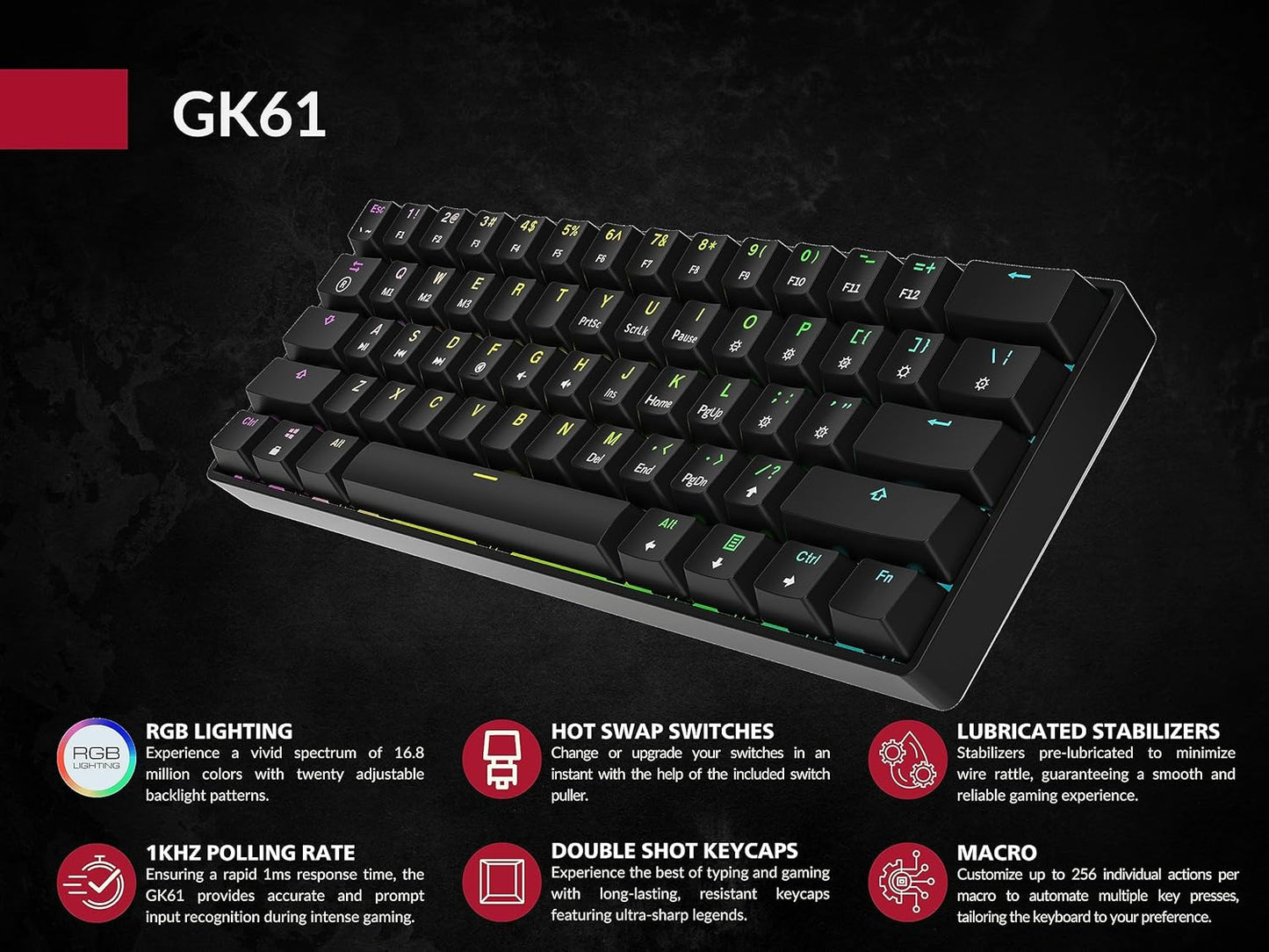 HKGaming 61-Key Keyboards RGB Mechanical Gaming Keyboard with Backlit LED, DEMO