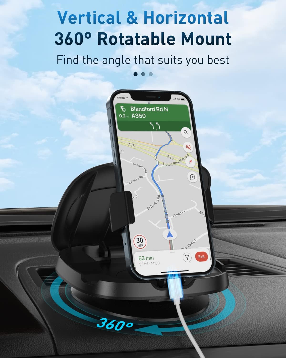Sleek 360° Rotatable Classic Black Car Dash-Mounted Phone Holder for NEW