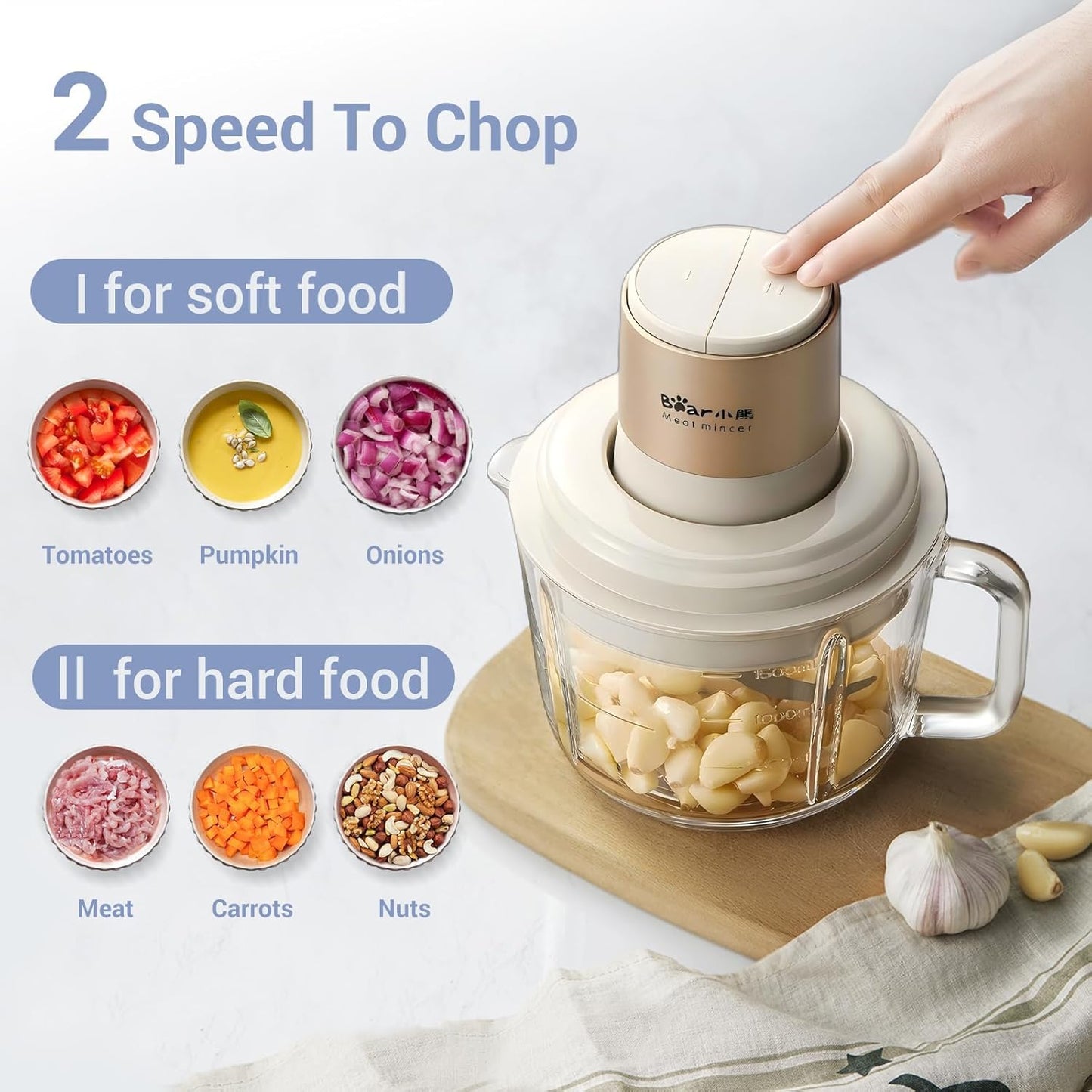 TECHBEAR Electric Food Processor with 2L Glass Bowls Stainless Steel NEW