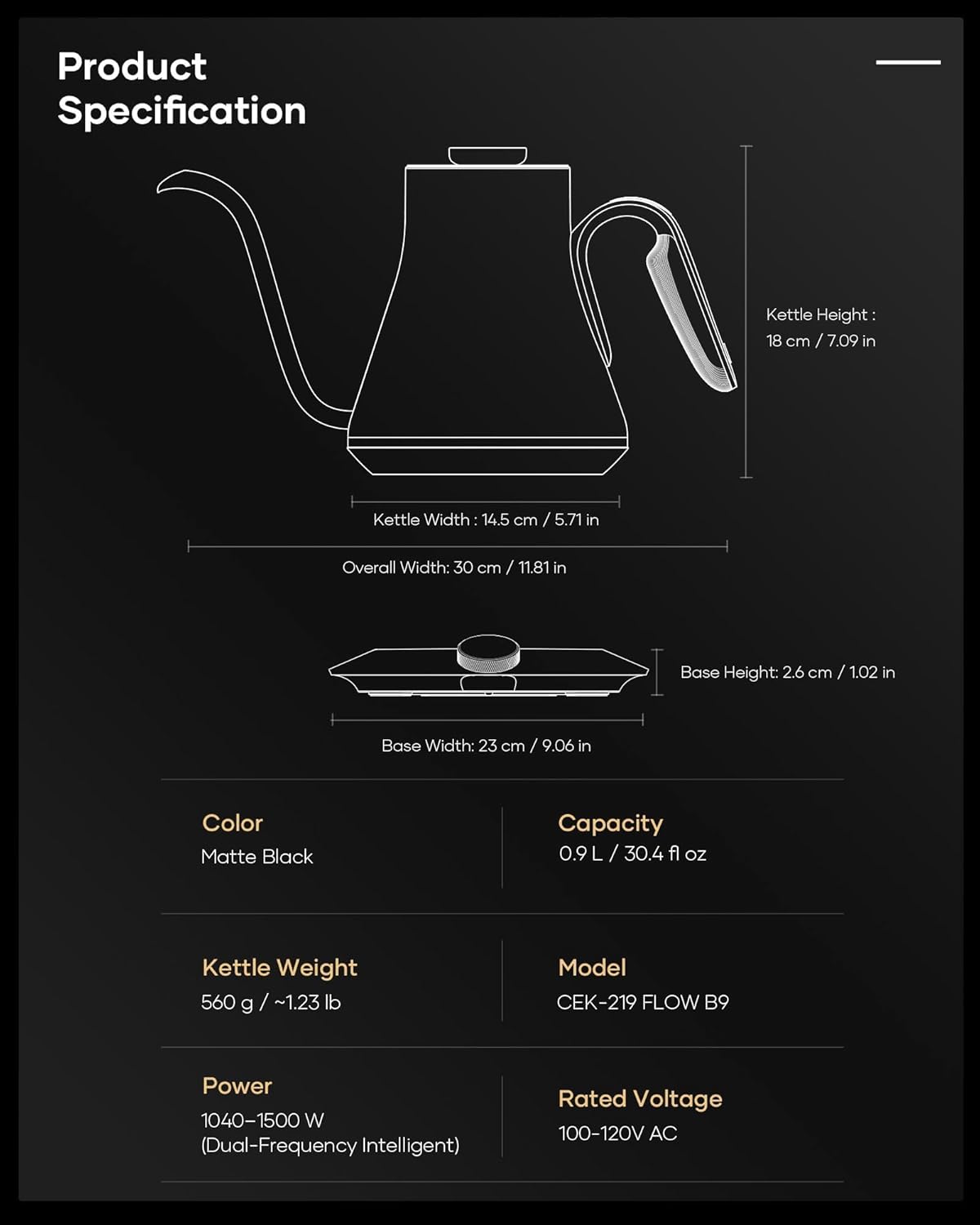 Cocinare Electric Kettle with Precise Temperature Control Matte Black 0.9L NEW