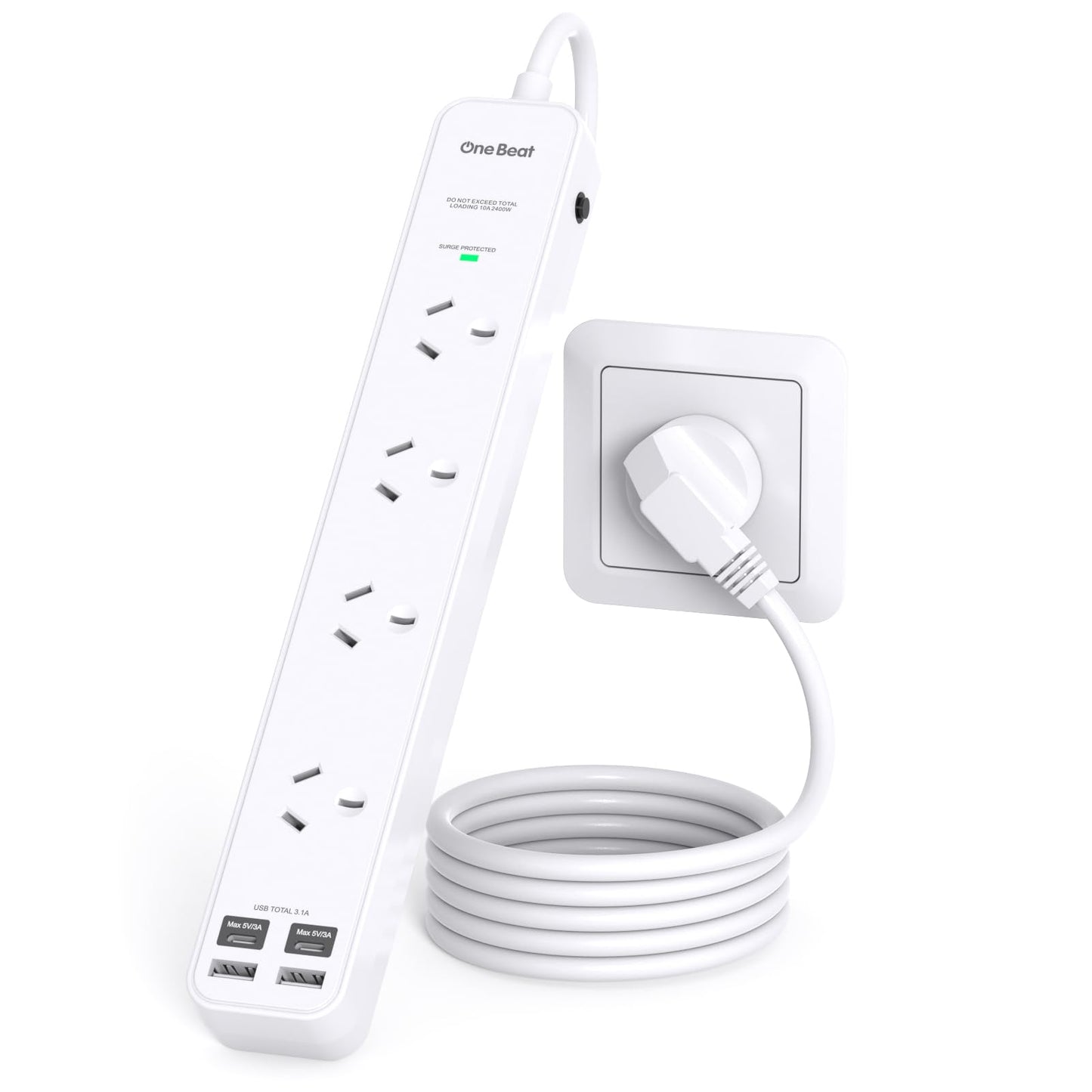 One Beat Power Strip with 4 Outlets and USB Ports, Surge Protected White NEW