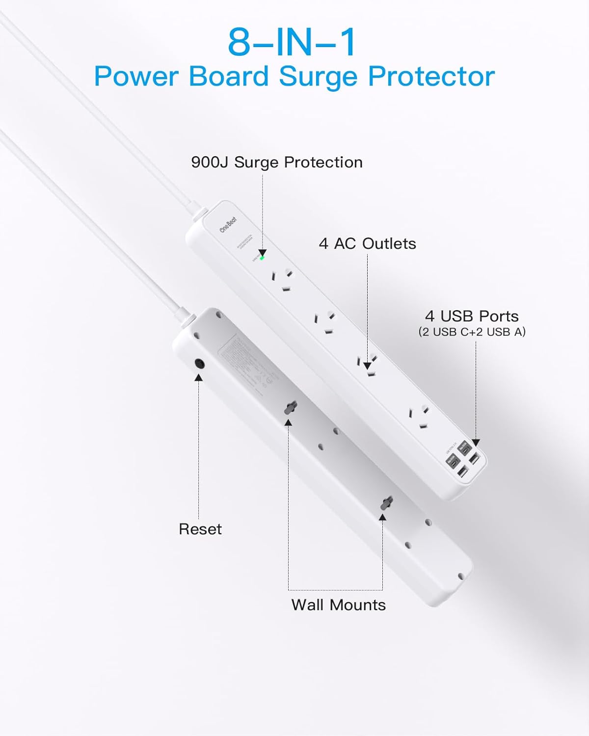 One Beat Power Strip with 4 Outlets and USB Ports, Surge Protected White NEW