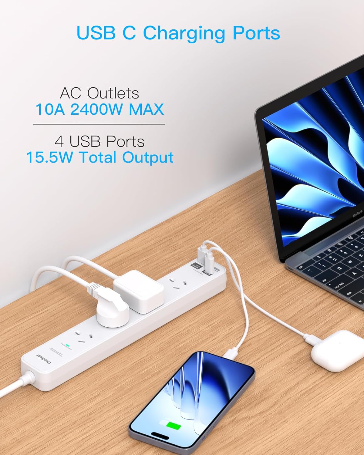 One Beat Power Strip with 4 Outlets and USB Ports, Surge Protected White NEW